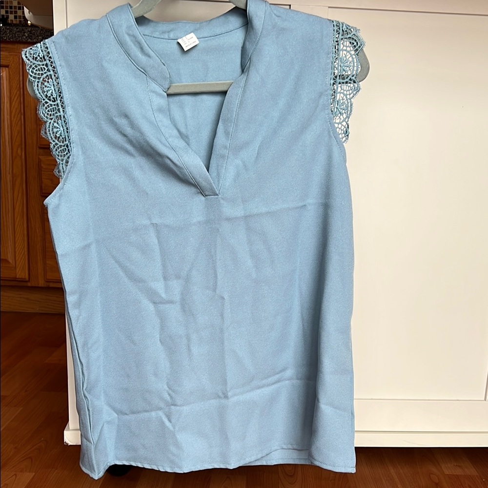 Amazon Blue Ruffled Blouse with Mandarin Collar